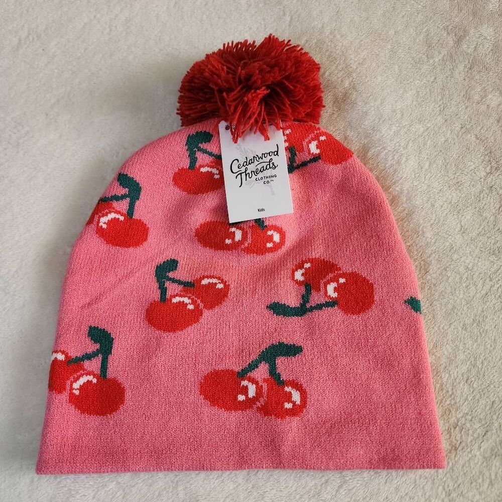 Cedarwood Threads Kids Knit Beanie Pink with Red Cherries and Pom Pom